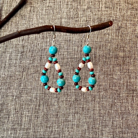 Earrings - Turquoise, Fresh Water Pearl & Red Bead - Picture 2 of 2